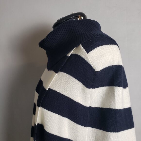 Talbots Poncho Sweater Caplet Navy Blue/White Striped Faux Wrap Cowl Neck Size S - Picture 9 of 14